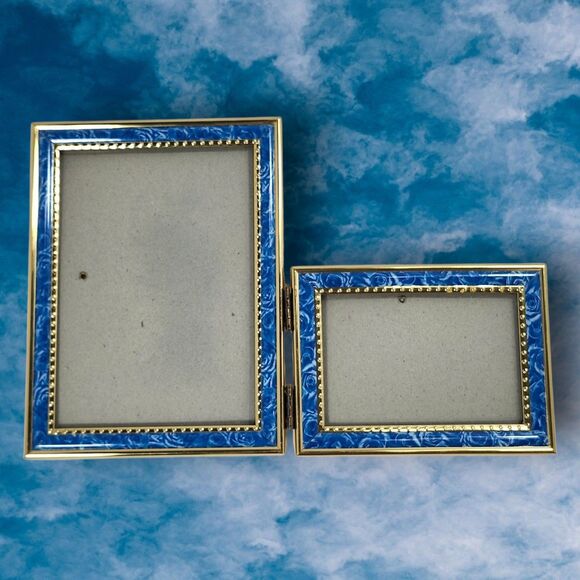 Vintage Hinged Photo Frame Blue Rose Plastic & Gold 5x7 & 4x6 Dual Display - Picture 1 of 6